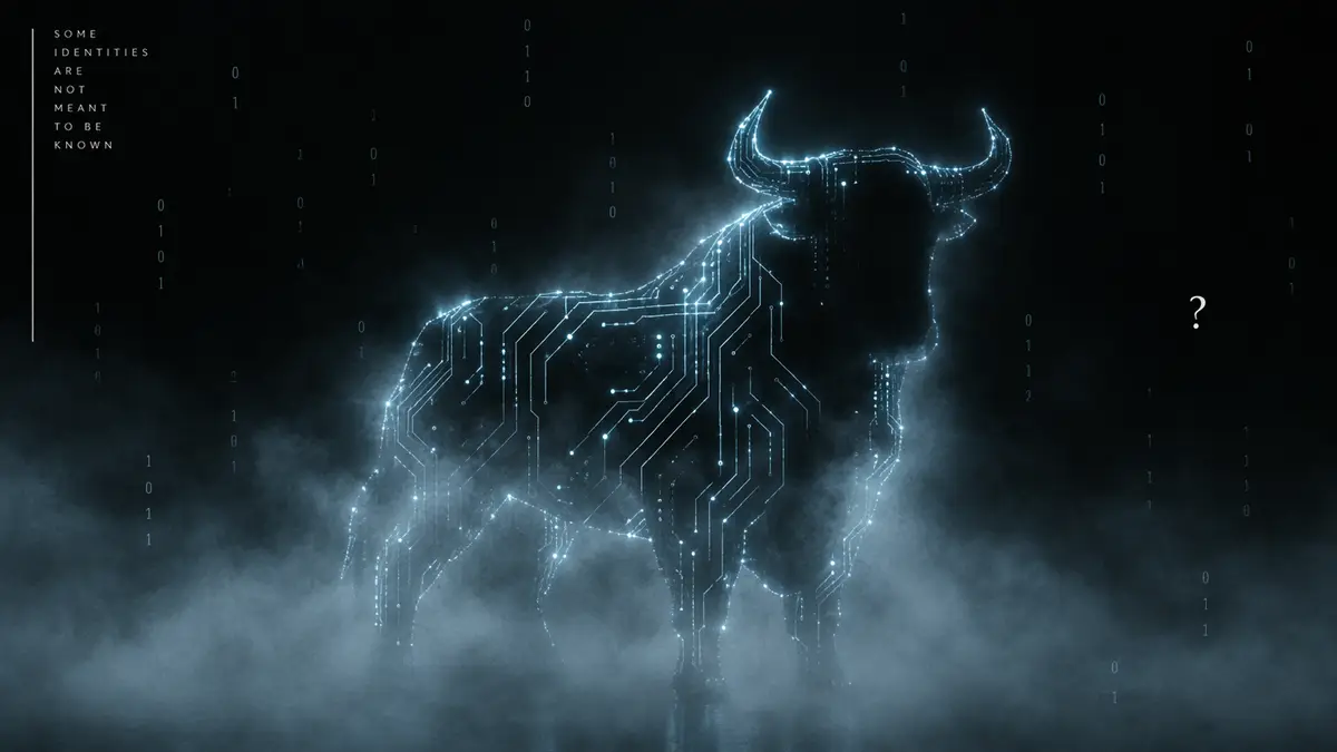A silhouette of an ox rendered in glowing digital circuitry, standing in fog with its identity obscured, against a dark background scattered with faint binary code and a small question mark.