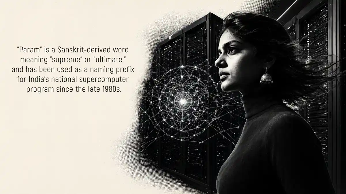A black-and-white image featuring text on the left: 'Param' is a Sanskrit-derived word meaning 'supreme' or 'ultimate,' and has been used as a naming prefix for India's national supercomputer program since the late 1980s.' On the right, a profile of a South Asian woman wearing a turtleneck sweater and traditional jhumka earring looks toward a glowing, complex geometric network pattern overlaid on large supercomputer server racks.