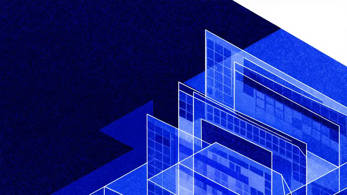 Abstract isometric graphic featuring layered, glowing blue glass-like wireframe panels with grid lines and window-like shapes, set against a dark blue grainy background.