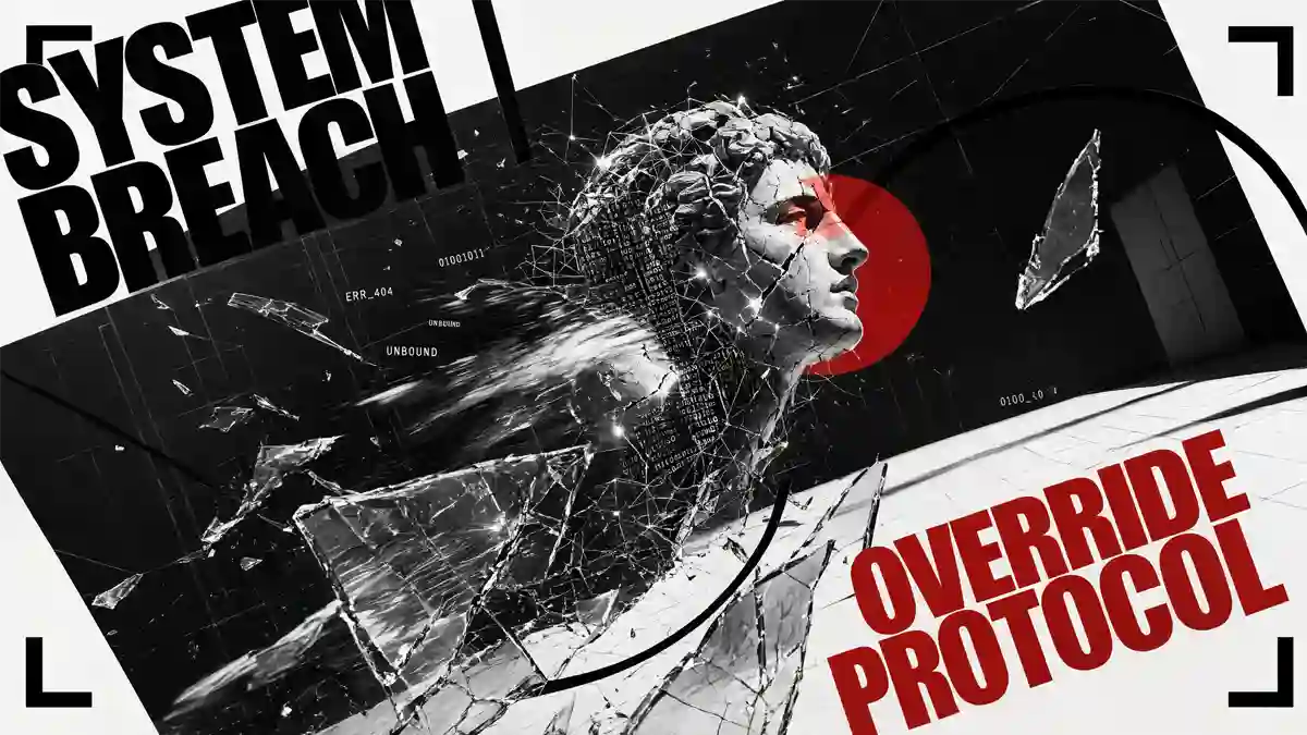 Monochromatic graphic art featuring a digital classical marble statue head shattering into glass shards, overlaid with text reading ‘SYSTEM BREACH’ and ‘OVERRIDE PROTOCOL’.