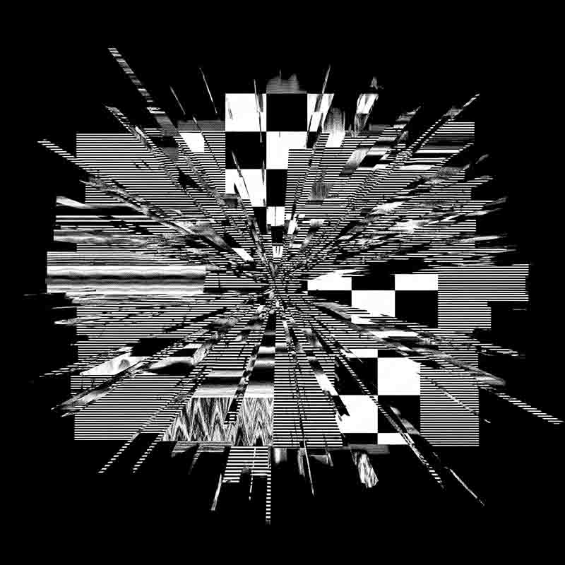 The image is an abstract, high-contrast, black and white digital artwork that suggests an explosion or a tunnel of fragmented data.