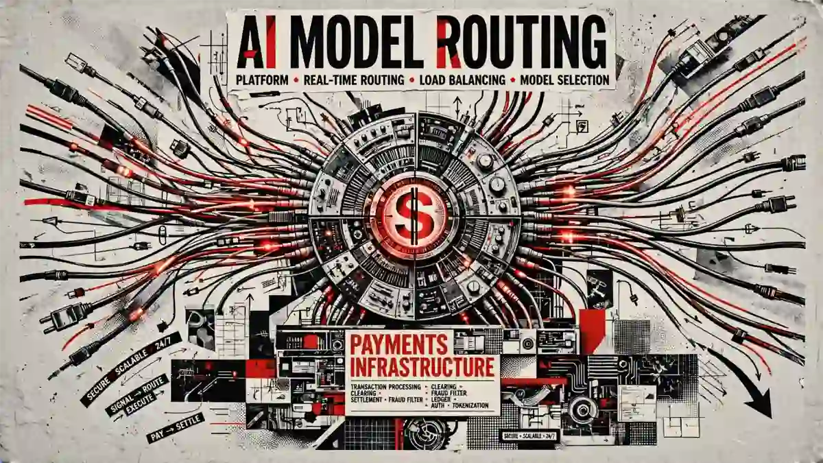 A stylized digital switchboard with dozens of glowing cables converging into a single central hub labeled with a dollar sign, symbolizing an AI model-routing platform sitting on top of payments infrastructure.