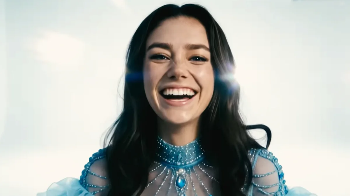 A close-up shot of a smiling young woman, Tilly Norwood, with long dark hair, wearing an ornate light blue dress with beaded detailing against a bright, minimalist background.