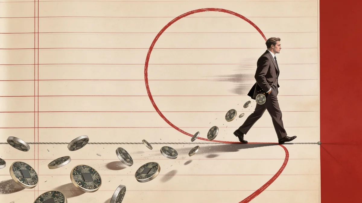 An illustration of a man in a business suit walking along a tightrope over a background of lined ledger paper. A trail of metallic coins with microchips on them floats behind him, leading toward a red circular line.