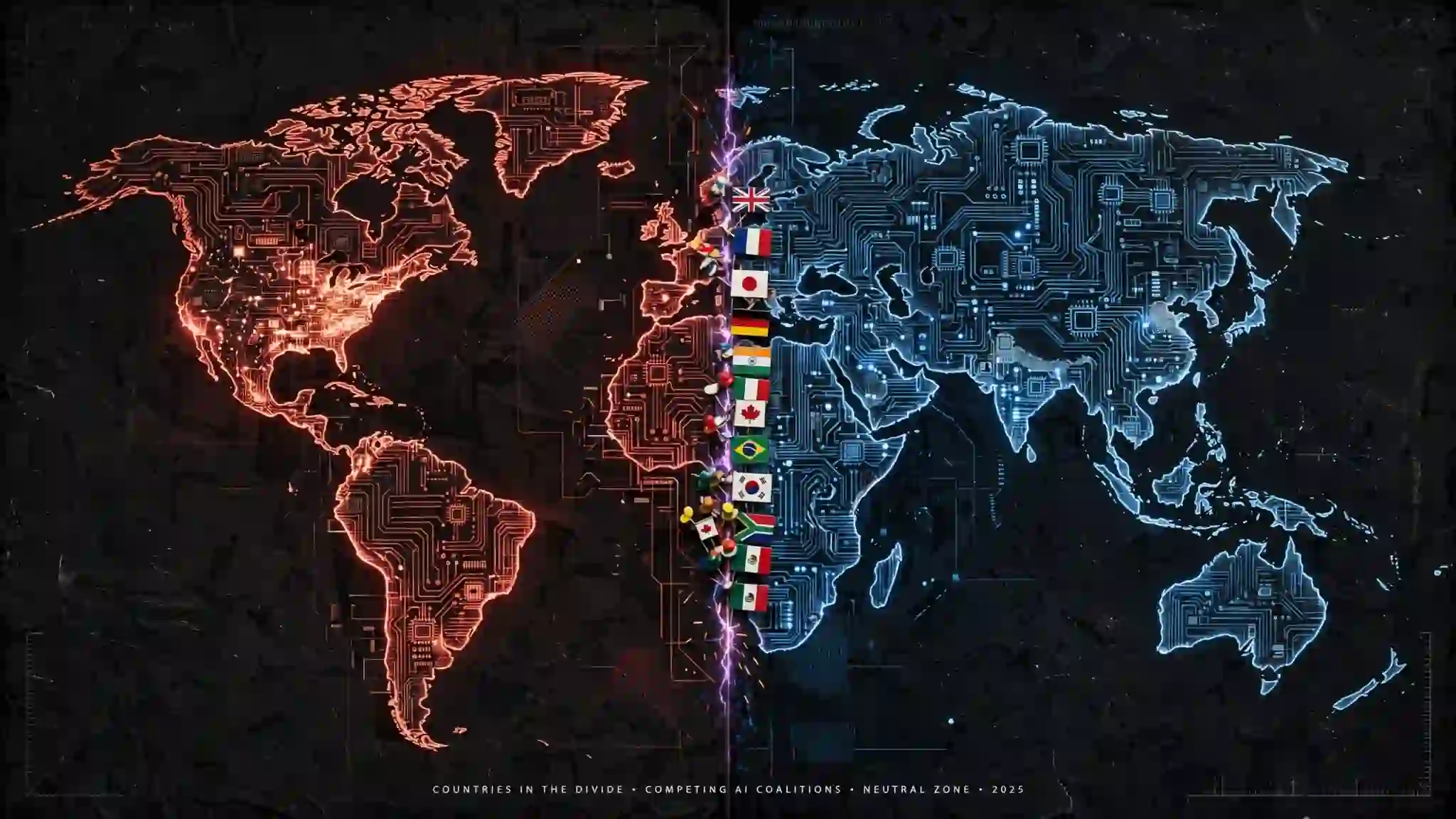 A world map rendered in glowing circuit lines, split down the middle between red and blue light, with small national flag pins clustered along the dividing line, symbolizing countries caught between competing AI coalitions.