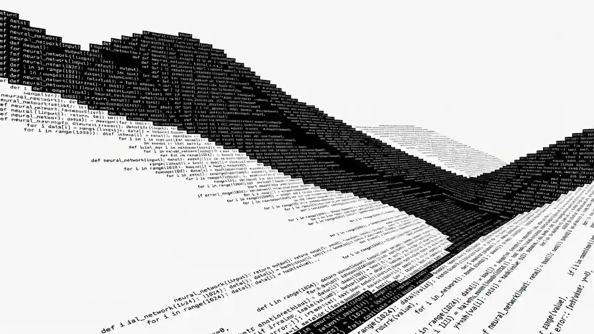A minimalist, high-contrast digital art piece featuring ribbons of computer code undulating across a stark white background. The blocks of text resemble stylized, monochromatic mountain ranges or waves, with stark black sections containing white text sharply contrasting against white sections filled with black text.