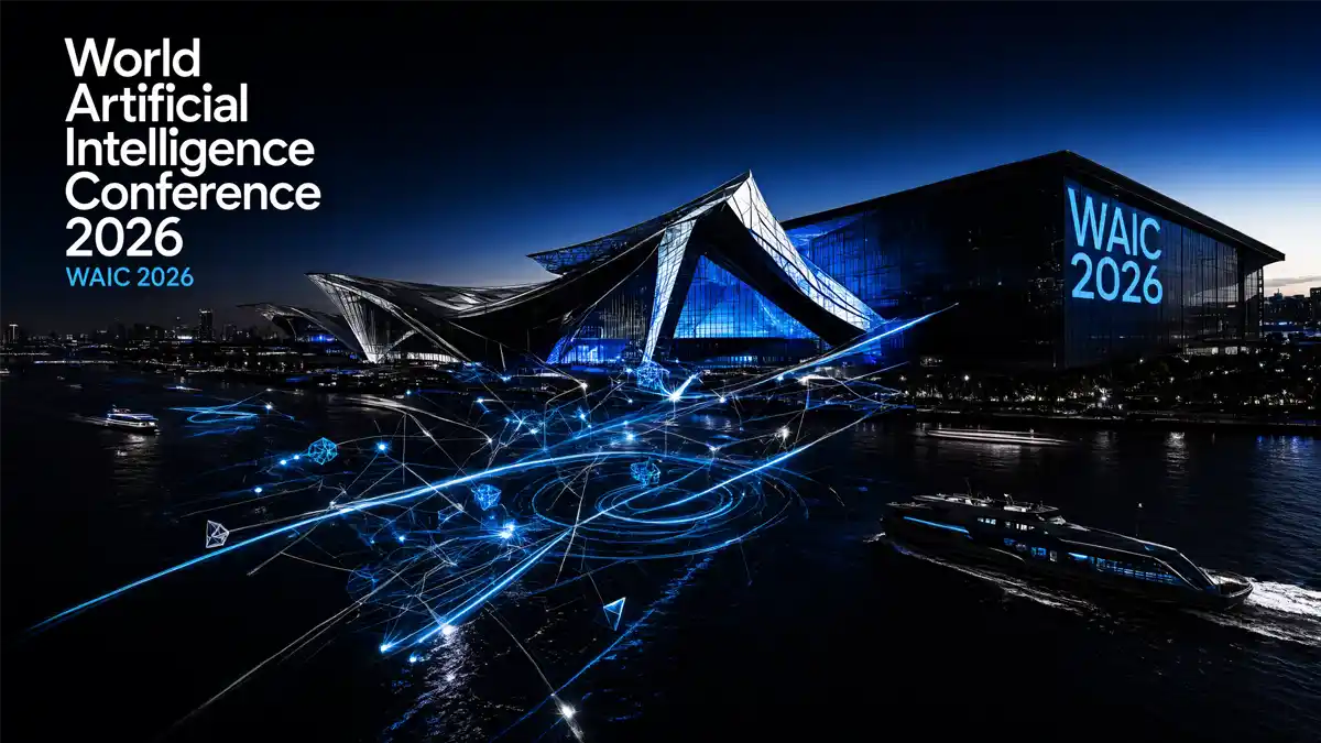 China's President Just Showed Up to an AI Conference for the First Time Ever A sweeping view of Shanghai's Expo waterfront at dusk, with the Expo Centre and Expo Exhibition Hall glowing with blue light and holographic AI network lines projected across the Huangpu River.