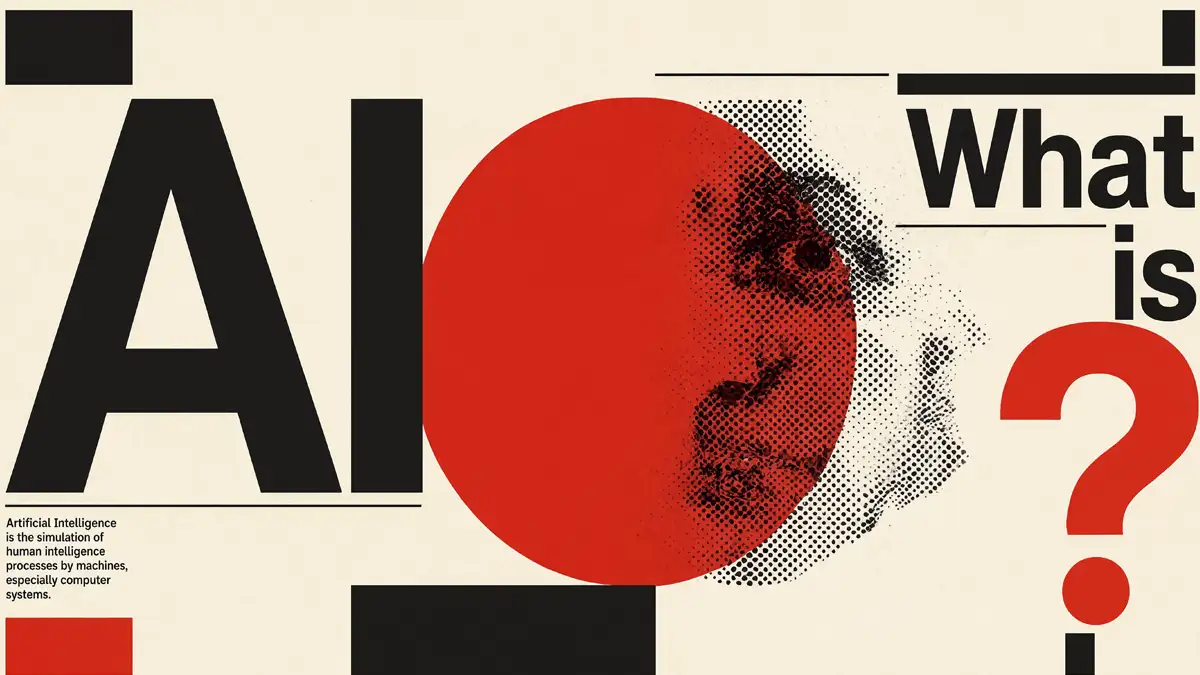 Graphic design artwork featuring bold text reading 'What is AI?'' with a large red circle overlapping a halftoned human face.