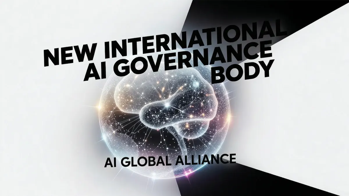 A spherical brain with glowing network nodes centered on a black and white geometric background, accompanied by the text 'NEW INTERNATIONAL AI GOVERNANCE BODY' and 'AI GLOBAL ALLIANCE'.