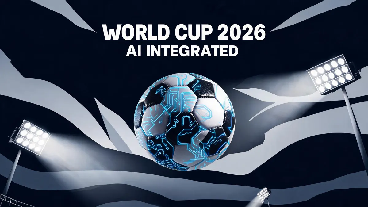 A graphic 'WORLD CUP 2026' featuring a soccer ball hovering in the center against a dark, abstract background. The soccer ball is styled with glowing blue circuit board patterns across its panels to represent AI technology.