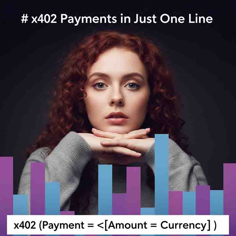 A portrait-style image features a young woman with curly red hair, looking directly at the camera with her chin resting on her clasped hands. In front of her is a stylized, transparent bar graph with purple and blue bars of varying heights.